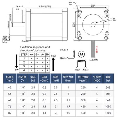 57步进电机大扭矩Ndiy雕刻机马达 打印机1.2高度 两相四 2.线458A