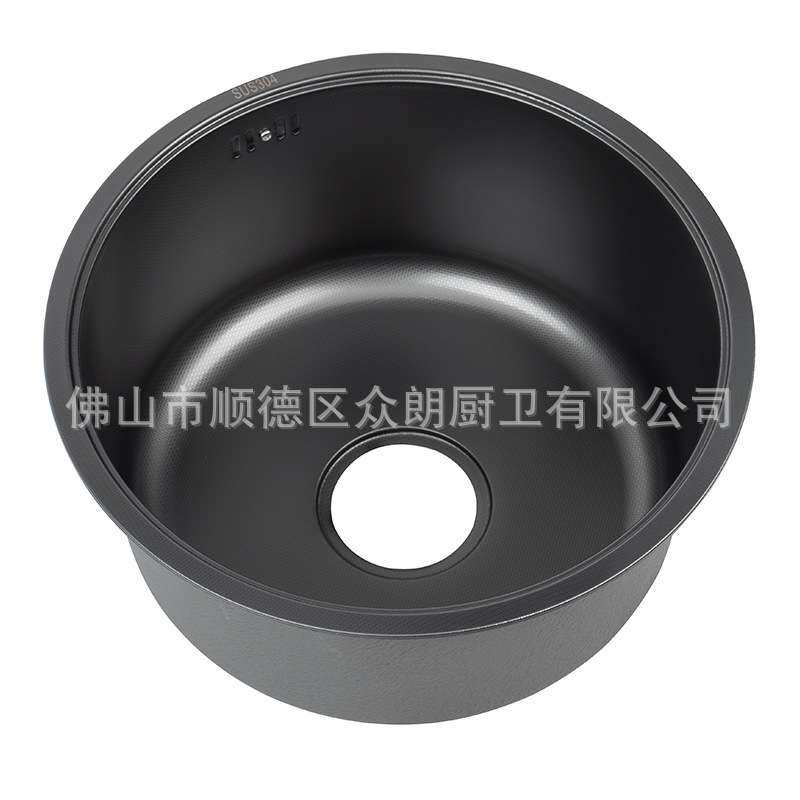 众朗304不锈钢带盖板圆形房车吧台水槽拉伸压纹纳米黑圆形单槽