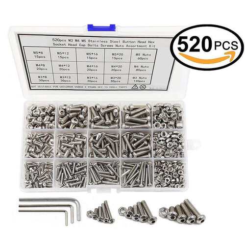 520pcs/盒M3 M4 M5不锈钢内六角平头盘头半圆头螺丝螺母配套组合