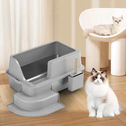 半封闭不锈钢猫砂盆大号台阶踏板宠物猫咪厕所加厚猫厕所防外溅