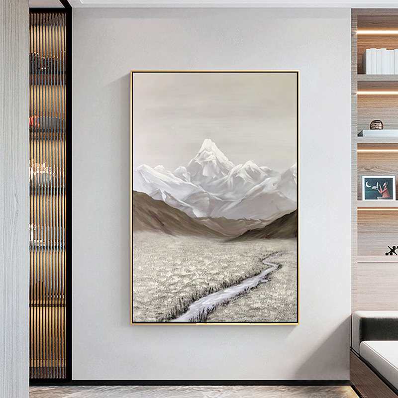 办公室山水风景画手绘油画中式入户玄关挂画客厅走廊竖版大幅壁画