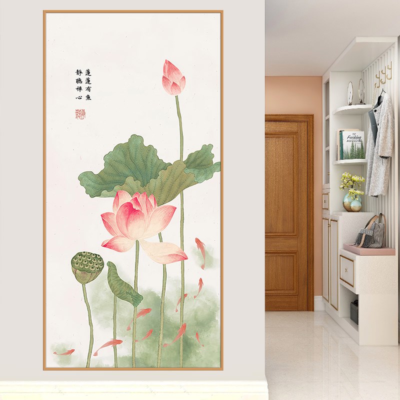 荷花玄关装饰画贴画墙贴国风墙面贴纸走廊尽头壁画背景墙自粘墙纸图片