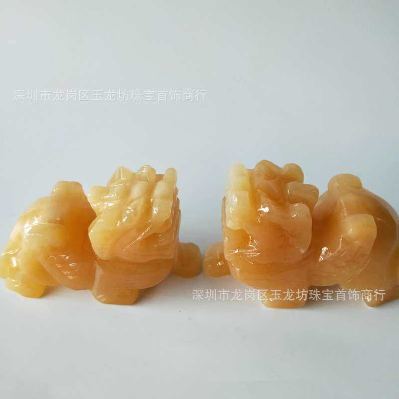 镇平玉龙坊天然米黄玉貔貅摆件一对 皮休工艺品 厂家直销