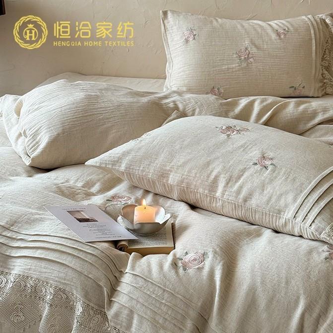 超柔亚麻棉麻透气四件套唯美花卉刺绣法式蕾丝边被套床单床上用品