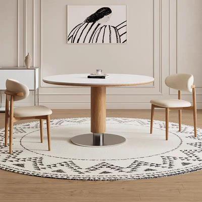 中古风复古实木岩板餐桌法式复古风小户型家用不锈钢圆形洽谈餐桌