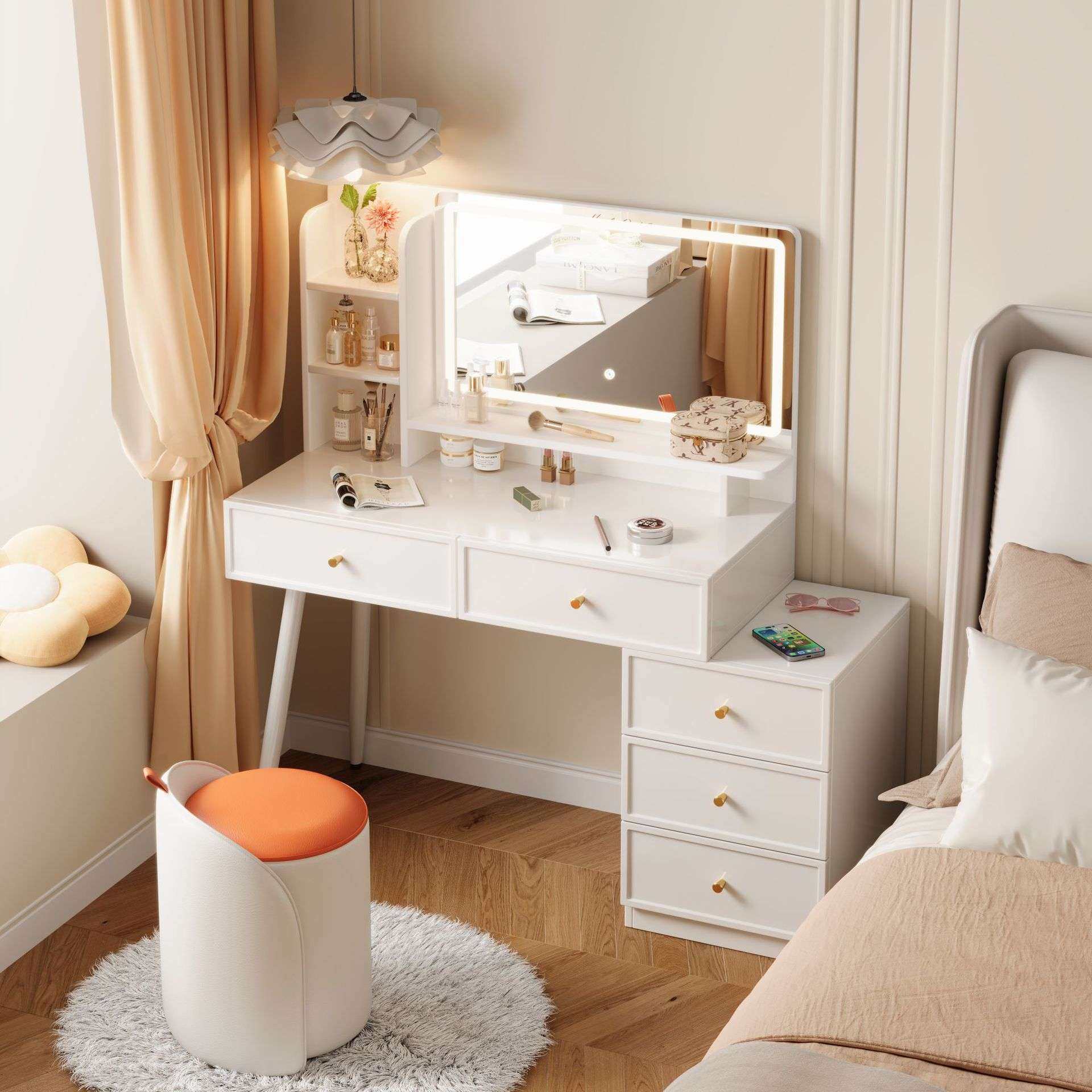 法式奶油风梳妆台卧室现代简约家用小户型化妆桌斗柜一体带LDE灯,电子元器件市场,其它元器件,淘宝优惠券,粉丝福利购,淘宝优惠卷