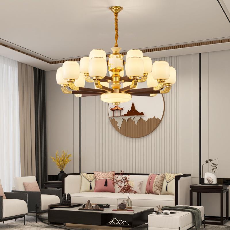 新中式别墅复式楼客厅吊灯中国风卧室书房灯家用全铜实木餐厅灯具