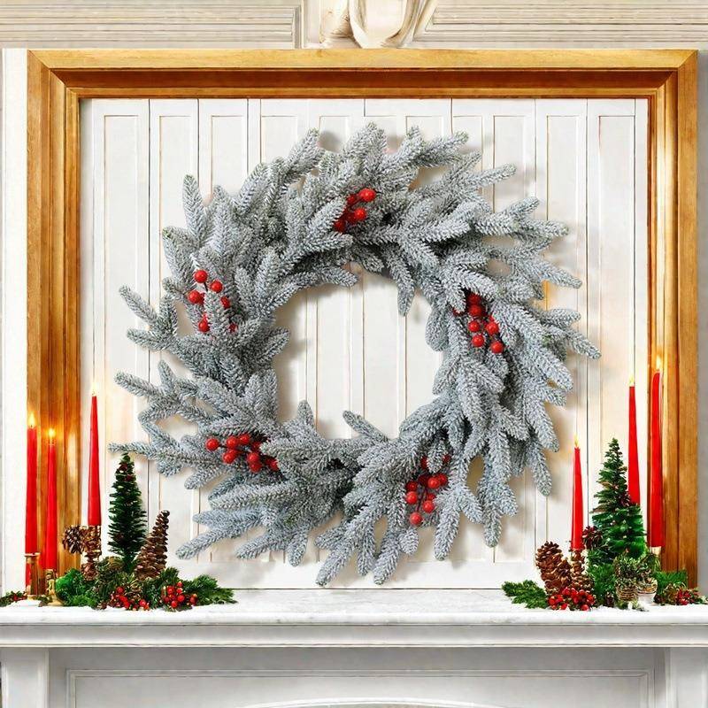 圣诞爆款雪霜松针红果藤圈花环60cm圣诞节装饰花环摆件场景布置品
