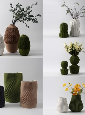 现代简约轻奢墨绿亚麻色r陶瓷3D打印花瓶摆件样板间客厅花器装饰