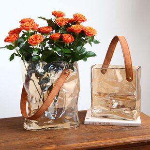 玫瑰感鲜花养高级花瓶餐桌百合玻璃水插花瓶轻奢摆件高档手提客厅