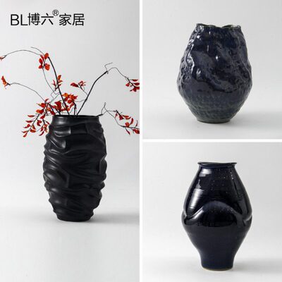 现代轻奢黑色陶瓷花器高级感样板间售楼部干花插花瓶软装饰品摆件