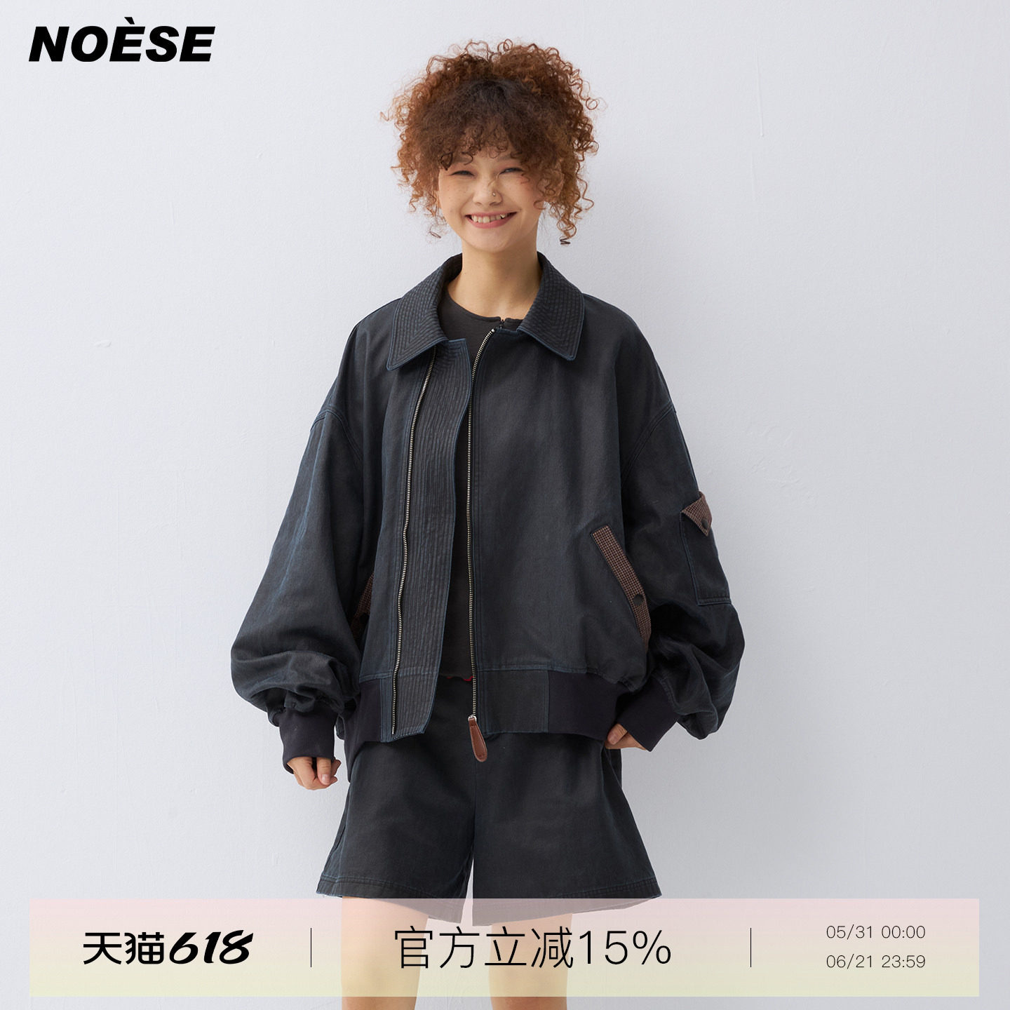Noese千禧运动 水洗油蜡布格纹拼接设计宽松飞行夹克外套女