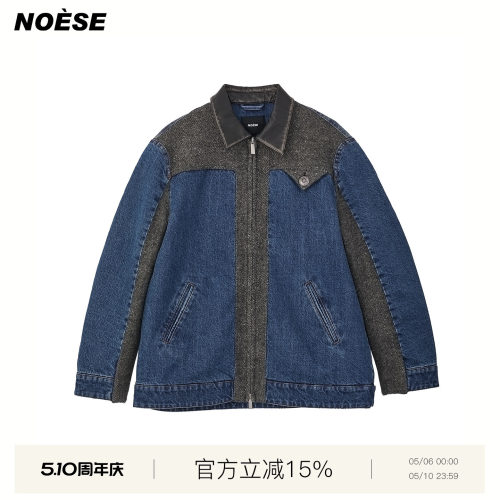 毛呢拼牛仔绗棉夹克拼色休闲夹克