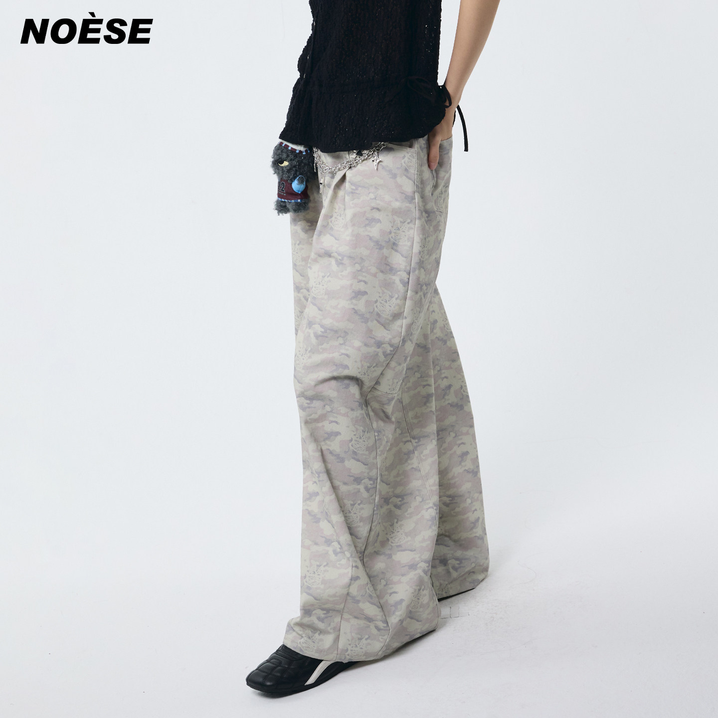Noese轻户外少女 廓形迷彩小猫印花牛仔裤时尚高级宽松休闲长裤