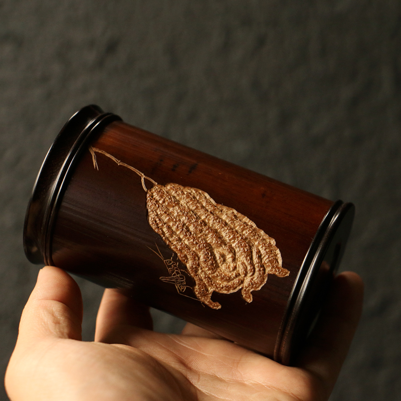 精品纯手工雕刻佛手图老煤竹茶叶罐竹雕竹制茶仓Y竹茶筒储茶