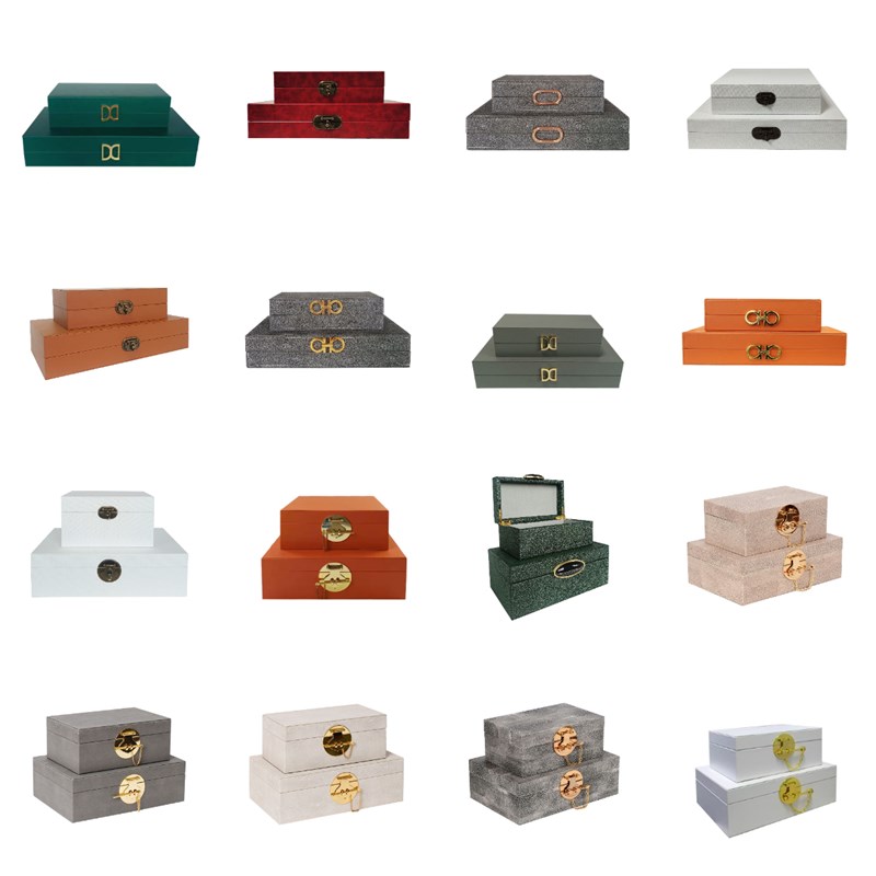 新中式简约魔鬼鱼皮革浅灰色木z质收纳盒软装样板间展示陈列摆件