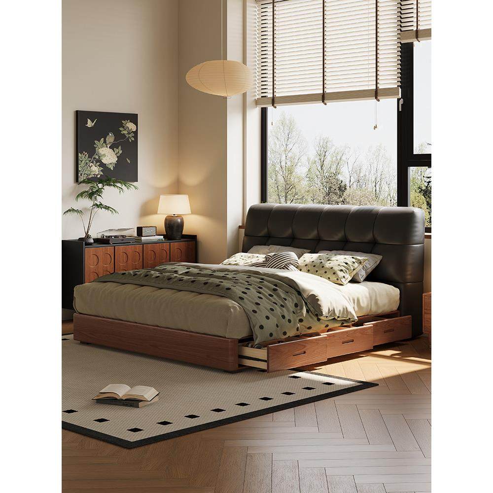 泡芙覆古中古风带抽屉储物双人主卧意式极简黑色真皮实木软包床