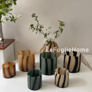 北欧设计 Ins风极简直筒琉璃花瓶双色拼条纹烛台杯花瓶两用型花瓶
