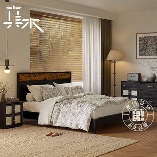 新中式良造/ 齐廩 中实木床木真黑色古软包床法式复古复古风撞色