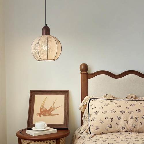 中古宋代美学卧室床头吊灯2025新款印花布艺复古饭店民宿吧台灯具