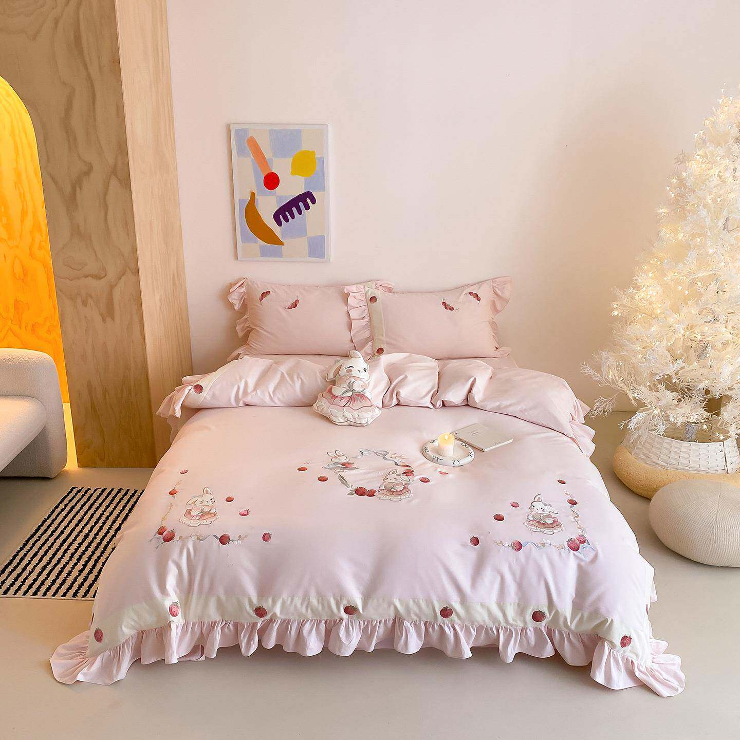 秋冬少女草莓兔100支全棉磨毛四件套公主风纯棉被套加厚床单床品