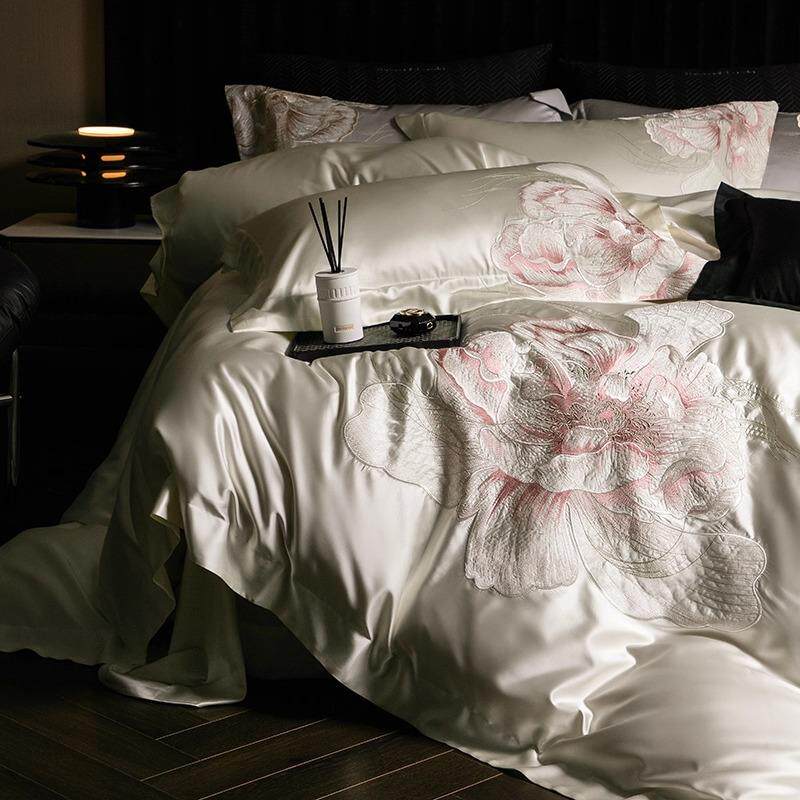 高奢100S裸睡全棉四件套牡丹刺绣被套床单长绒棉床笠款床品