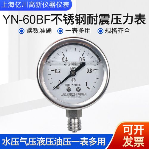 不锈钢耐震压力表 YN60BF 10barPT1/4 材质304 蒸汽 耐高温压力表