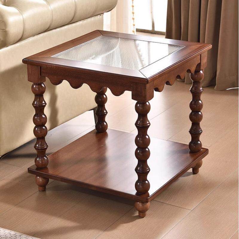 中古风茶几实木方几客厅家用复古长方形玻璃边几沙发双层置物角几