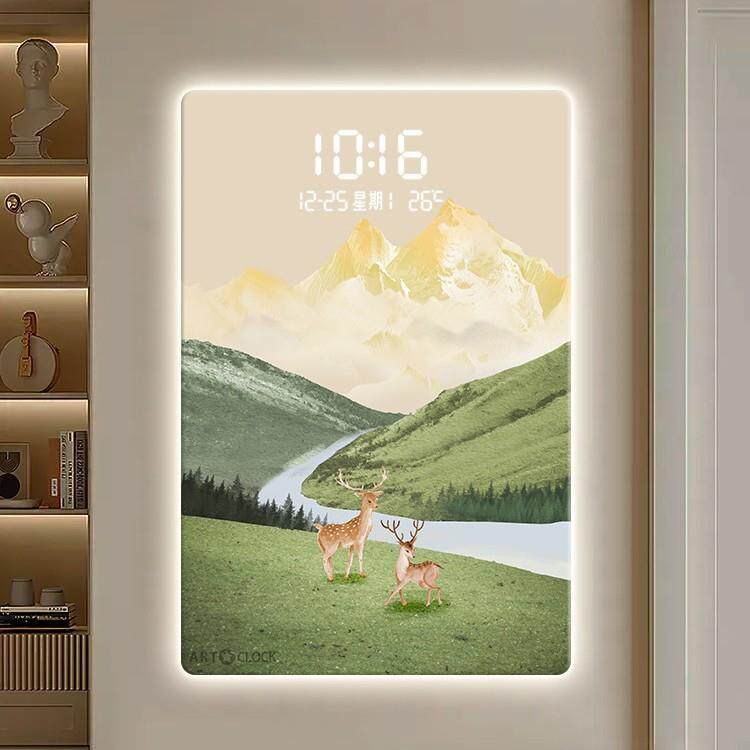 led感应时钟玄关装饰画日照金山客厅落地画带灯过道走廊壁画挂钟