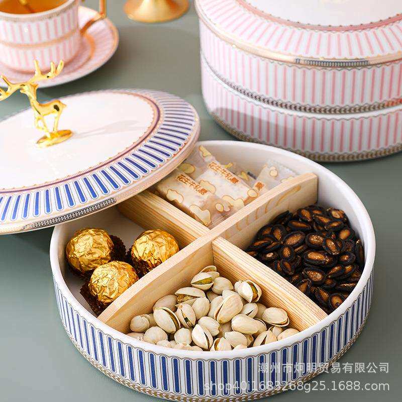欧式干果盘分格带盖客厅新年家用陶瓷糖果盘轻奢双层坚果盘水果盘
