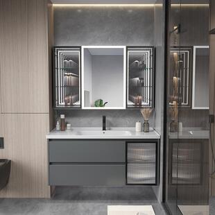 家用陶瓷一体盆卫生间实木洗漱台洗脸洗手灰色组合浴室柜挡水台面