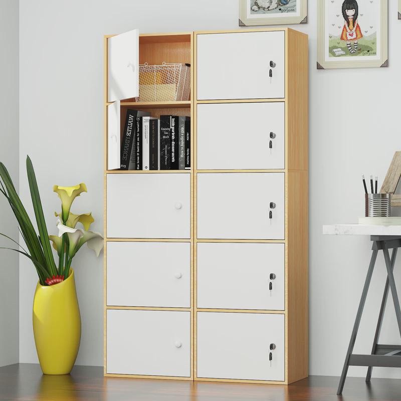 多层木色带门实书柜书架r简易置物柜收纳柜简约现代墙角柜子储物