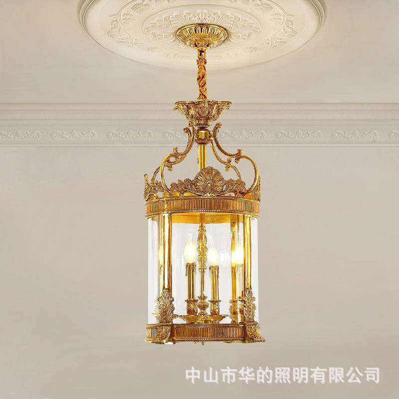 法式别墅楼梯过道走廊小吊灯欧式古典玄关灯复古阳台玻璃全铜吊灯