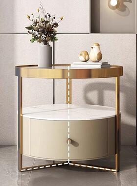 QHM139轻奢简约现代床头柜主卧圆形玻璃床头柜创意高端皮质岩板储