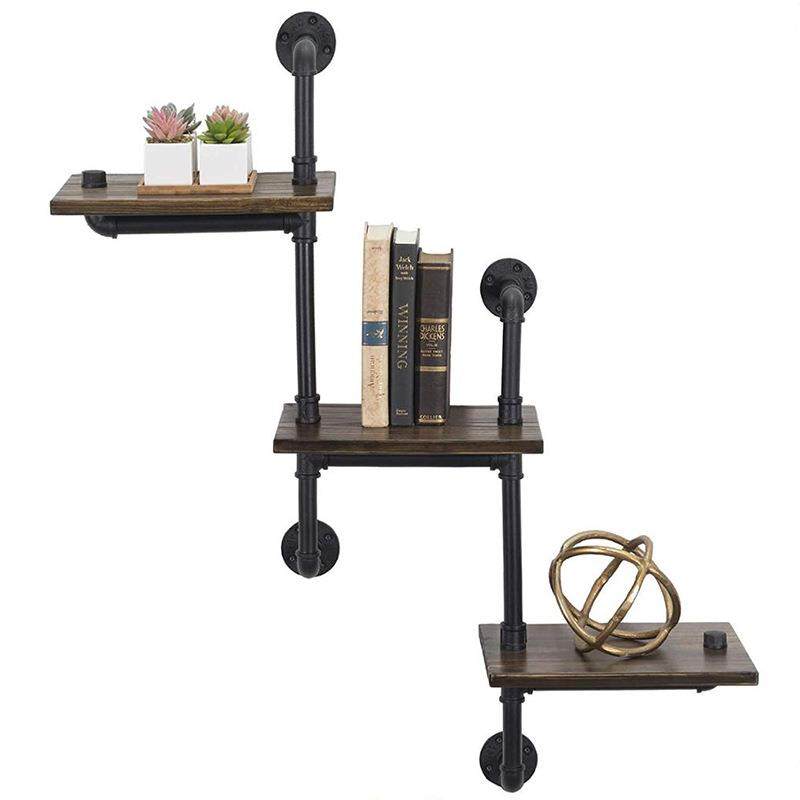 跨境砖供木壁梯浮动仿古黑色工业管道家用墙上支撑架多层置物架