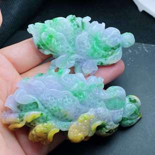 缅甸天然翡翠a货三彩白菜手把件xqmj尺寸：89.5 18.7mm 34.5