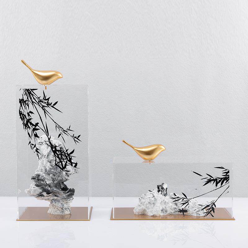 新中式创意假山竹叶石摆件客厅书柜亚克力样板房软装在林间柜饰品