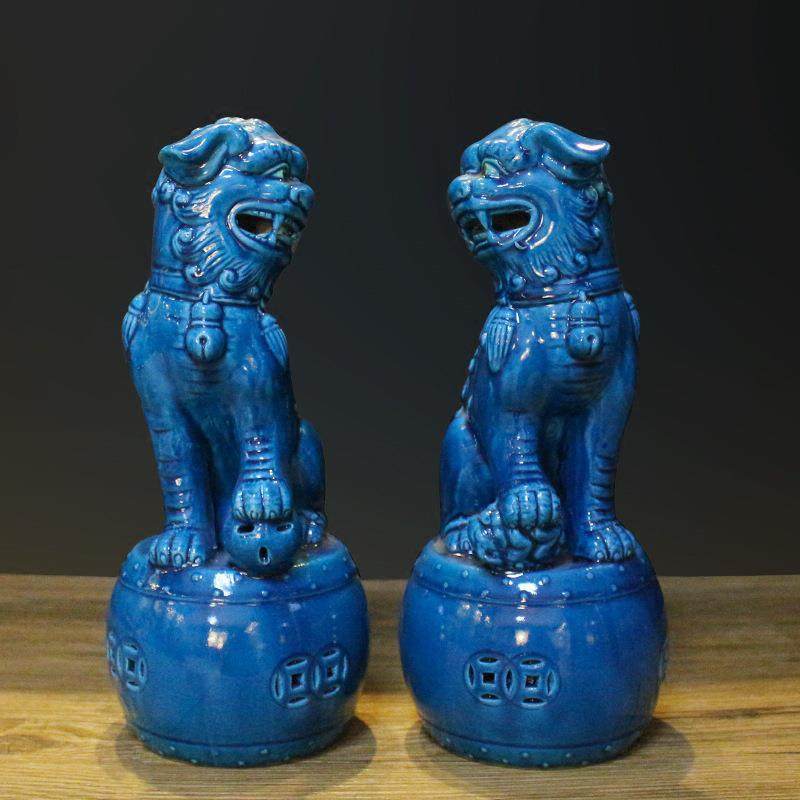 现代新中式创意陶瓷狮子摆件样板间软装配饰客厅书房装饰品