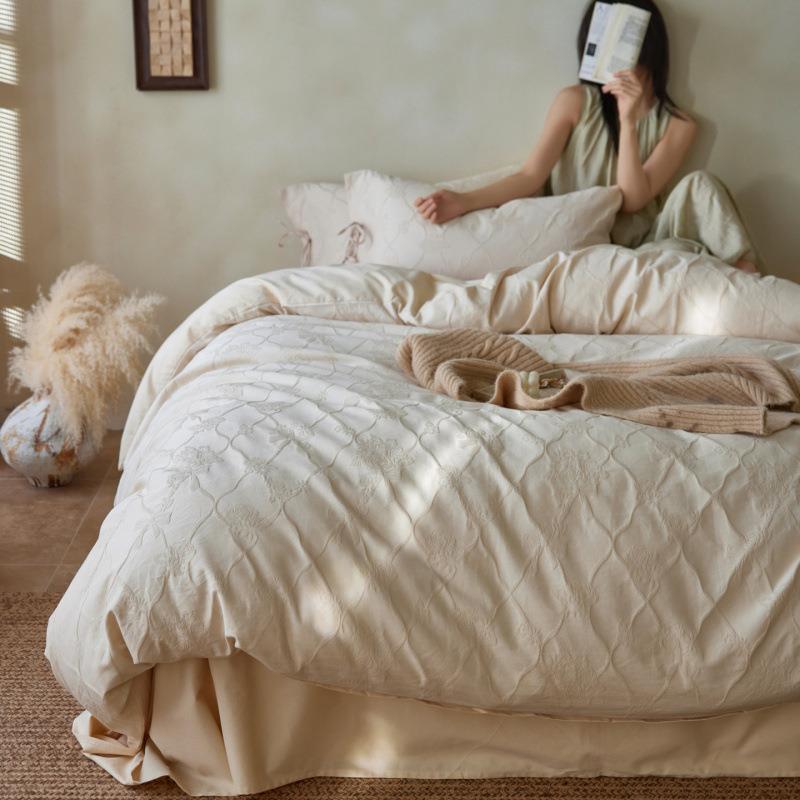 高端A类母婴级厚织水洗浮雕全棉四件套简约亲肤透气裸睡床笠床品