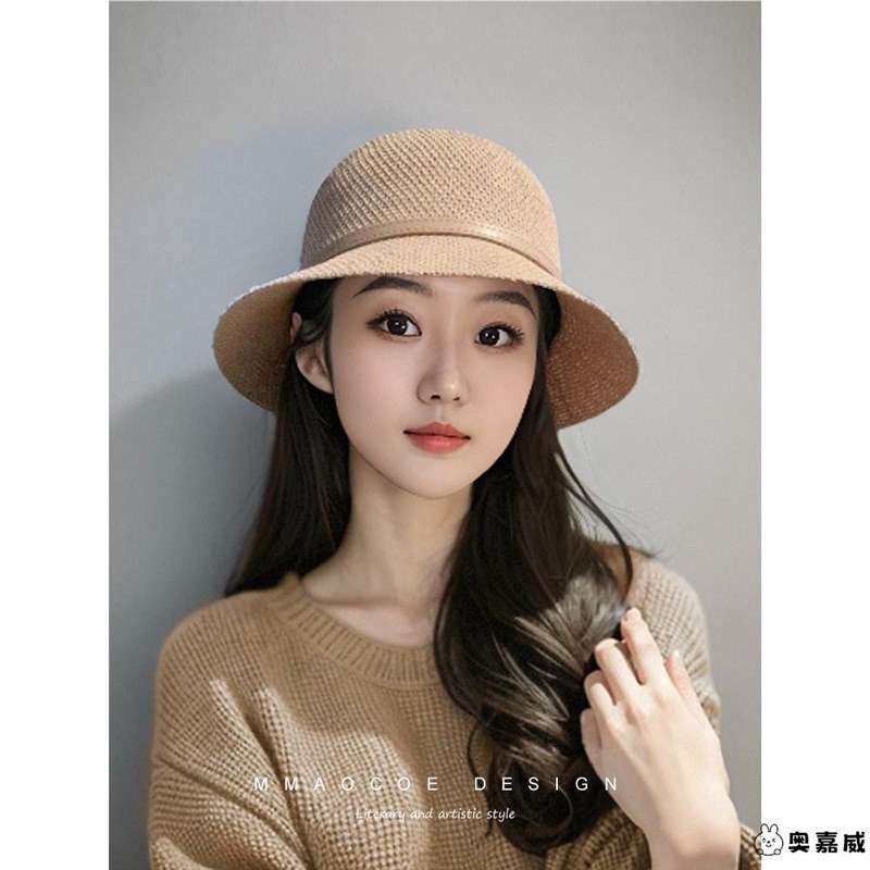 防晒帽子女款2024新款春夏渔夫帽可折叠时尚显年轻遮阳帽编织草帽