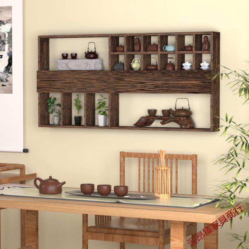 复古格子架墙上简约茶具架实木新中式博古架挂墙壁挂式客厅收纳架