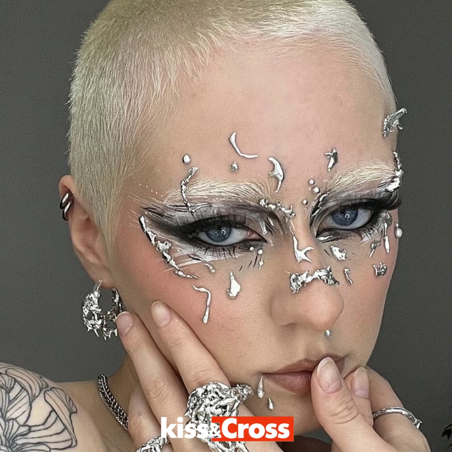 KissCross 新款未来感妆容银色脸贴机械赛博朋克cos贴脸泪珠饰品