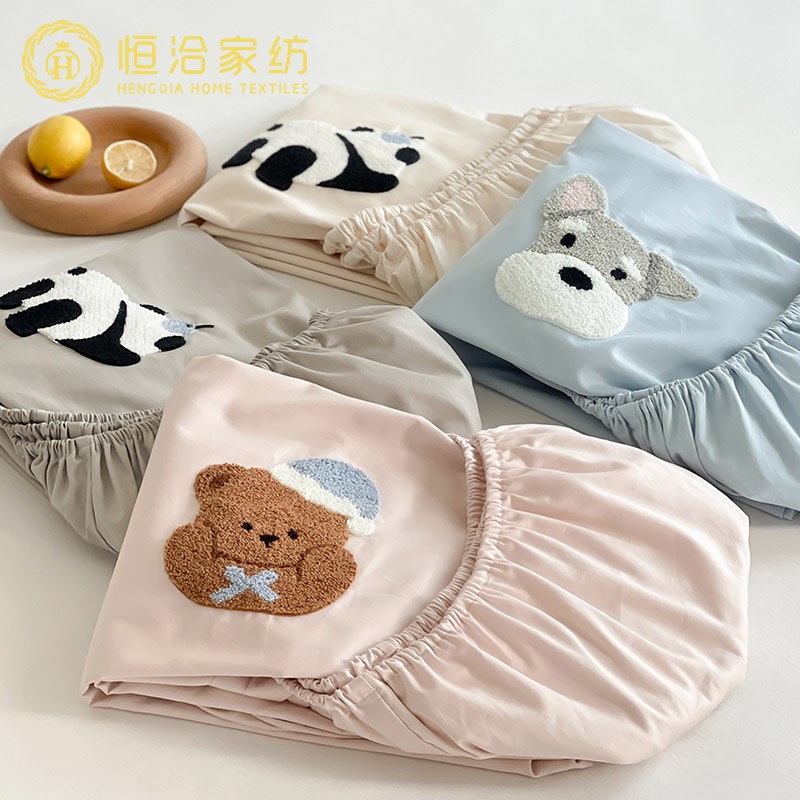 卡通风单独床笠高支长绒棉小狗毛巾绣床垫保护Q罩枕套三件套蓝灰