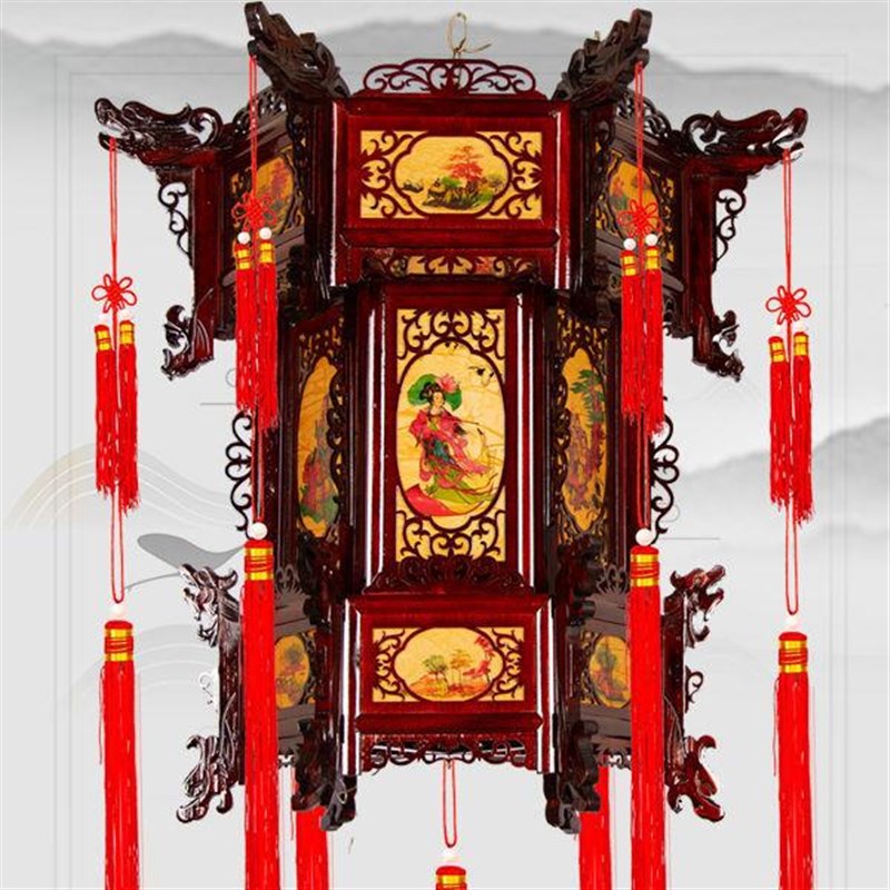 中式实木宫灯仿古六角大红灯笼乔迁春节户外结婚阳台X吊灯灯笼挂