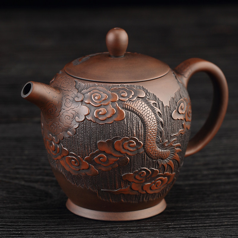 云南建水紫陶茶壶满龙浮雕名家手工高端紫砂壶功夫茶具套装泡茶器