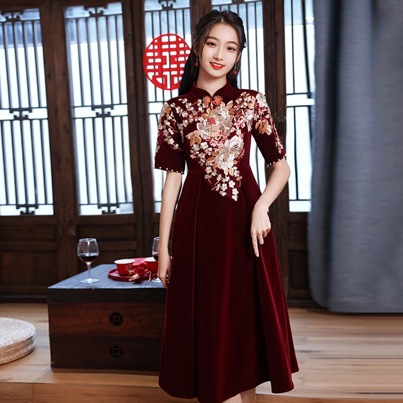 遮肚大码礼服丝绒结婚晚宴连衣裙高腰敬酒服新娘孕妇胖mm订婚答谢