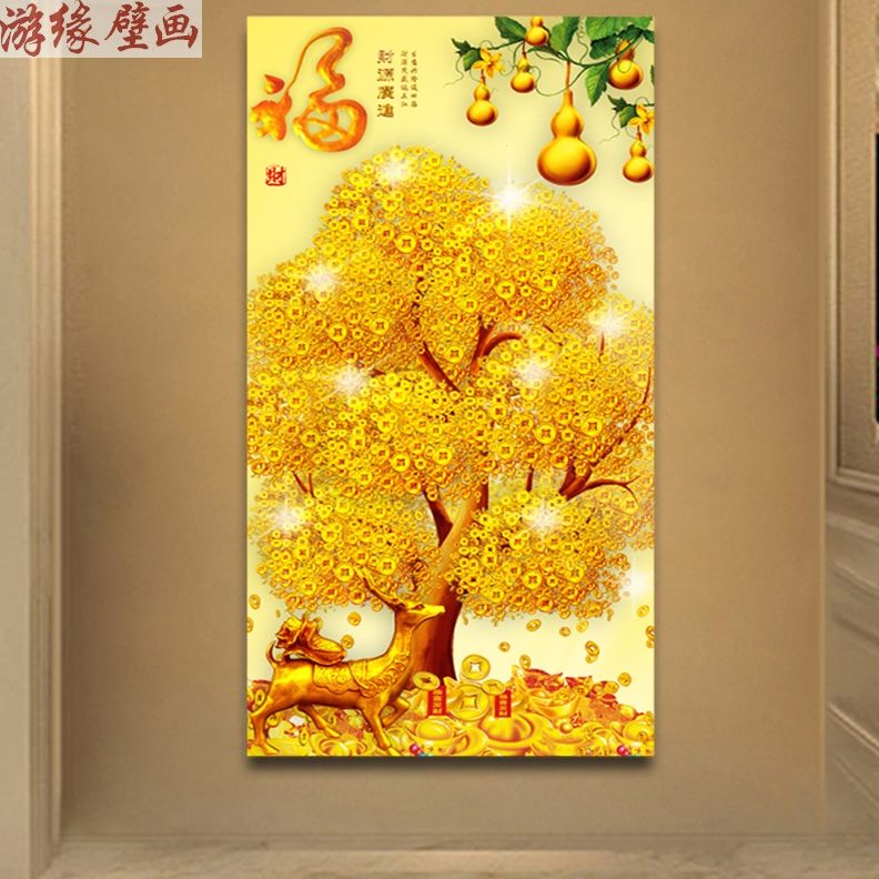 3D立体D鹿发财树壁画餐厅8墙布墙纸过道走廊背景墙壁纸玄关摇钱树