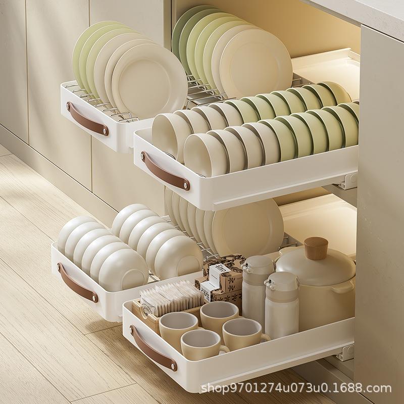 厨房碗架拉篮橱柜抽拉沥水架柜内碗碟盘子抽屉收纳盒置物架不锈钢
