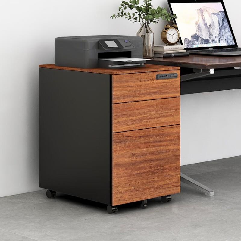 钢制文件活动柜三抽屉柜办公储物矮柜移动铁皮柜子带锁木纹密码锁