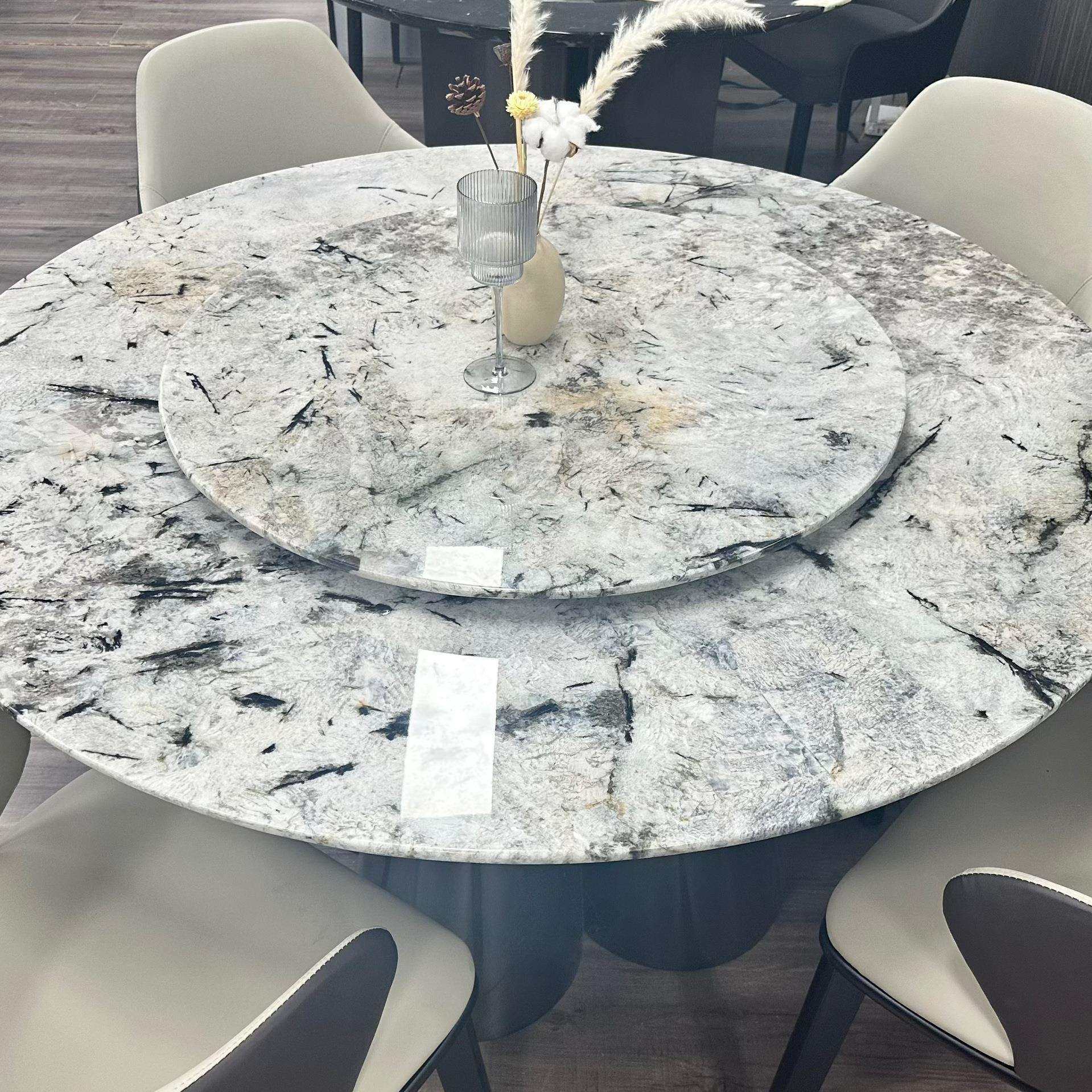 纯天然金枝玉叶奢石餐桌高档别墅简约风家用大理石大圆餐桌椅组合